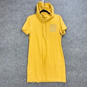 Calvin Klein Hooded T-Shirt Dress Womens Large Yellow Rhinestone Logo Athleisure